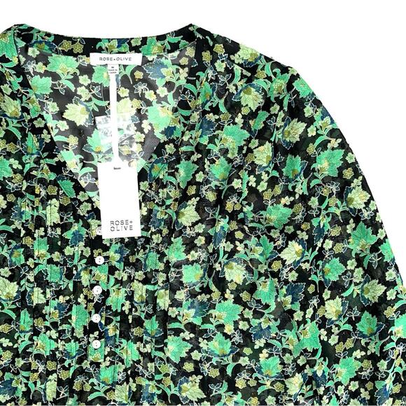 NWT Rose & Olive Green Metallic Floral Blouse Size Medium - Picture 2 of 12